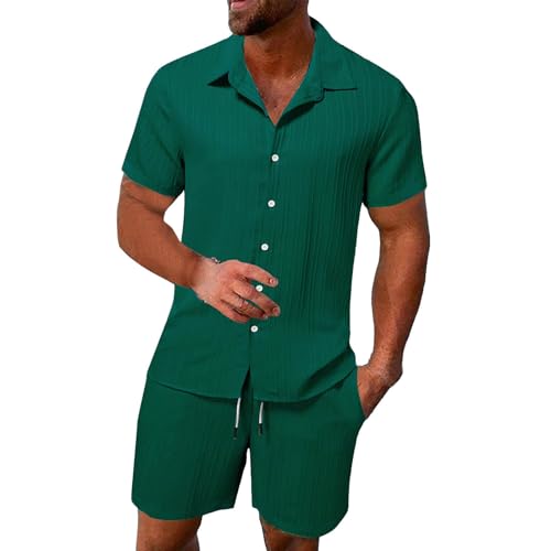 2 Teiler Herren Leinenanzug Einfarbig Zweiteiler Kurz Button-Up Revers Hemd und Shorts Beach Shirt Kurze Hose Set Strand Festival Klamotten Herren Leinen Anzug Leicht Mode Leinen Set von Qixiu