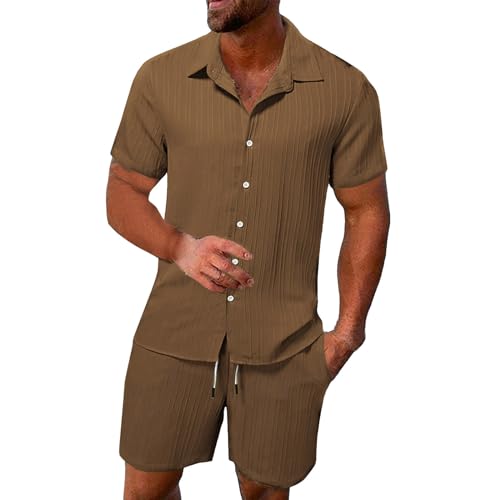 2 Teiler Herren Leinenanzug Einfarbig Zweiteiler Kurz Button-Up Revers Hemd und Shorts Beach Shirt Kurze Hose Set Strand Festival Klamotten Herren Leinen Anzug Leicht Mode Leinen Set von Qixiu