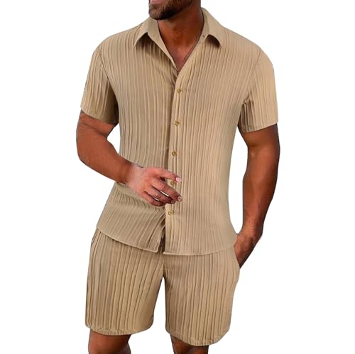 2 Teiler Herren Leinenanzug Einfarbig Zweiteiler Kurz Button-Up Revers Hemd und Shorts Beach Shirt Kurze Hose Set Strand Festival Klamotten Herren Leinen Anzug Leicht Mode Leinen Set von Qixiu