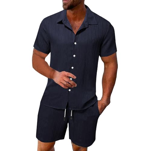 2 Teiler Herren Leinenanzug Einfarbig Zweiteiler Kurz Button-Up Revers Hemd und Shorts Beach Shirt Kurze Hose Set Strand Festival Klamotten Herren Leinen Anzug Leicht Mode Leinen Set von Qixiu