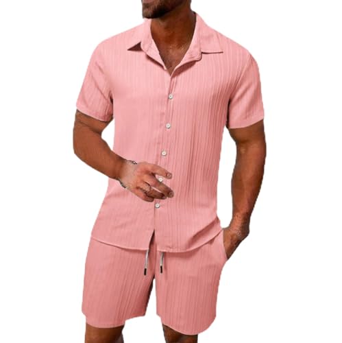 2 Teiler Herren Leinenanzug Einfarbig Zweiteiler Kurz Button-Up Revers Hemd und Shorts Beach Shirt Kurze Hose Set Strand Festival Klamotten Herren Leinen Anzug Leicht Mode Leinen Set von Qixiu