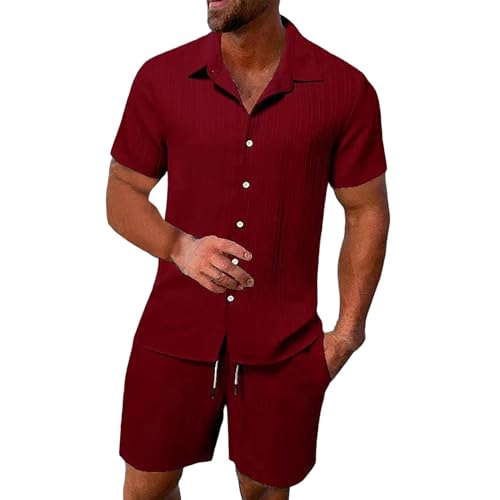 2 Teiler Herren Leinenanzug Einfarbig Zweiteiler Kurz Button-Up Revers Hemd und Shorts Beach Shirt Kurze Hose Set Strand Festival Klamotten Herren Leinen Anzug Leicht Mode Leinen Set von Qixiu