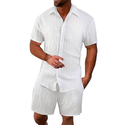 2 Teiler Herren Leinenanzug Einfarbig Zweiteiler Kurz Button-Up Revers Hemd und Shorts Beach Shirt Kurze Hose Set Strand Festival Klamotten Herren Leinen Anzug Leicht Mode Leinen Set von Qixiu