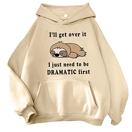 Kapuzenpullover Hoodie Teenager Kuschelige Cartoon Faultier Print Sprüchen I'll get Over it Oversized Pullover Bluse Tops Locker Sweatshirt mit Kängurutasche von Qixiu