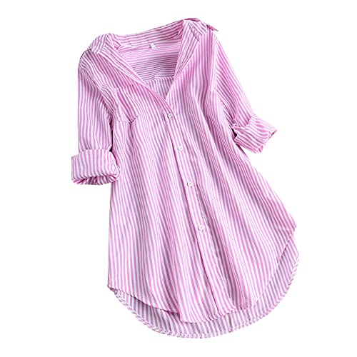 Longbluse Damen Elegant Langarmshirt Longbluse Blau-Weiß Gestreifte Lang Damenhemd Sommer Oversized Tunika Hemd Mode V-Ausschnitt Leicht Große Größen Oberteile Tops Streifenbluse Hemdbluse @A von Qixiu
