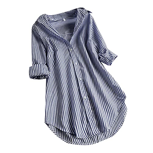 Longbluse Damen Elegant Langarmshirt Longbluse Blau-Weiß Gestreifte Lang Damenhemd Sommer Oversized Tunika Hemd Mode V-Ausschnitt Leicht Große Größen Oberteile Tops Streifenbluse Hemdbluse @A von Qixiu