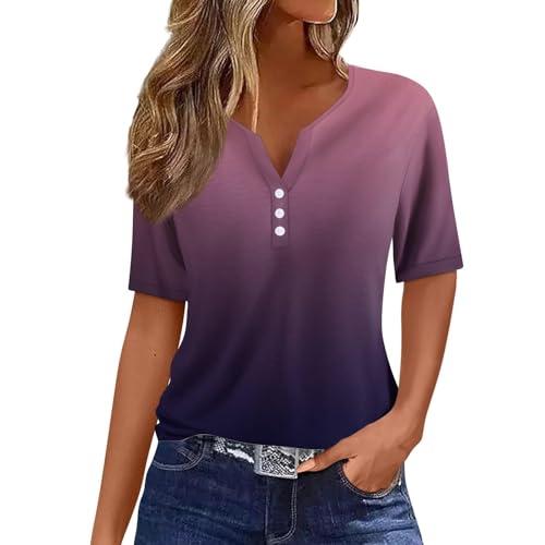 Qixiu Oversize Shirt Damen,Oberteile Damen,Bedruckte Bluse Elegant T Shirts Frauen Schwarz V Ausschnitt Tops Kurzarm Rundhals Sport Oberteile Mit Locker Button Blusen von Qixiu