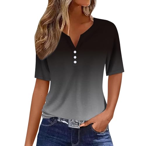 Qixiu Damen Oberteile,Bluse Damen elegant,Bedruckte Bluse Elegant T Shirts Frauen Schwarz V Ausschnitt Tops Kurzarm Rundhals Sport Oberteile Mit Locker Button Blusen von Qixiu