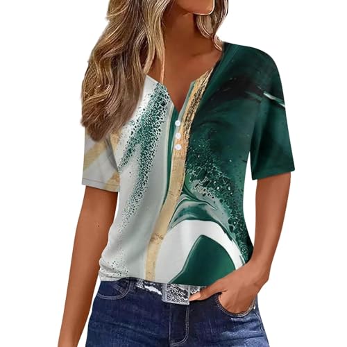 Qixiu Damen Tshirt,blusen Damen Sommer,Bedruckte Bluse Elegant T Shirts Frauen Schwarz V Ausschnitt Tops Kurzarm Rundhals Sport Oberteile Mit Locker Button Blusen von Qixiu