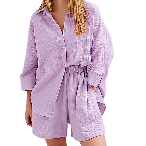 Qixiu Einfarbiges Damen-Shorts-Set mit Rundhalsausschnitt und geteiltem Strick-Design, lässig, kurzärmelig Bettwäsche Tumblr (a-Purple, XL) von Qixiu