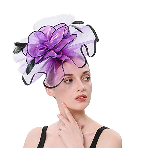 Qixiu Hüte für Frauen Fascinators Blumenhut für Teeparty, Cocktail, Hochzeit, Kirche, doppelte Verwendung von Haarspangen und Reifen Stirnband Damen Schwarz Schmuck (Purple, One Size) von Qixiu