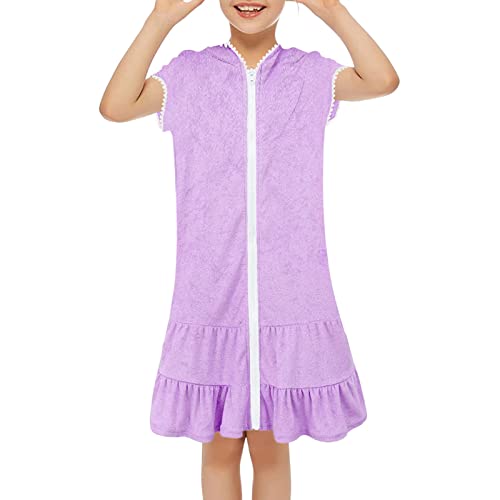 Qixiu Kleine Mädchen schwimmen bedecken Badeanzug Coverup Reißverschluss Strand Badeanzug Bademantel mit Kapuze absorbierend Beach Faltenrock Mädchen (Purple, 4-5 Years) von Qixiu