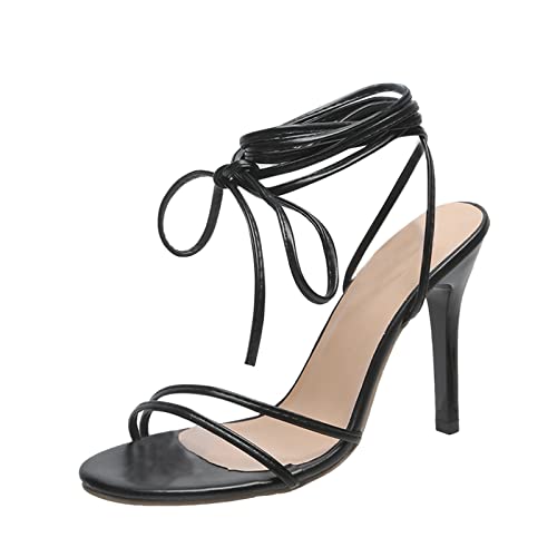 Qixiu einfarbig Open Toe Fußkettchen Riemen dünne High Heels Sandalen Schuhe Damen Winterschuhe (Black, 42) von Qixiu