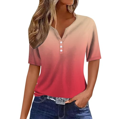 Qixiu musselin Bluse Damen,Sport top Damen,Bedruckte Bluse Elegant T Shirts Frauen Schwarz V Ausschnitt Tops Kurzarm Rundhals Sport Oberteile Mit Locker Button Blusen von Qixiu