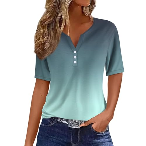 Qixiu Shirts Damen Sommer,Basic top Damen,Bedruckte Bluse Elegant T Shirts Frauen Schwarz V Ausschnitt Tops Kurzarm Rundhals Sport Oberteile Mit Locker Button Blusen von Qixiu