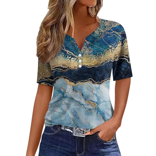 Qixiu musselin Bluse Damen,Bluse Damen,Bedruckte Bluse Elegant T Shirts Frauen Schwarz V Ausschnitt Tops Kurzarm Rundhals Sport Oberteile Mit Locker Button Blusen von Qixiu