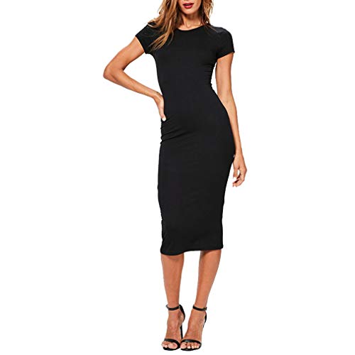 Qixuan Damen Kurzarm Rüschen Casual Sundress Midi Bodycon T-Shirt Kleid Schwarz XL von Qixuan