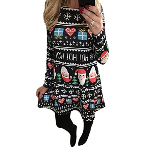 Qixuan Frauen Weihnachten Langarm A Line Kleid Gedruckt Party Ausgestelltes Swing Kleid Schwarz 5XL von Qixuan