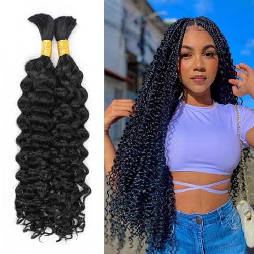 Water Wave Curly Bulk Human Braiding Hair for Boho Braids 2 Bundles Ombre Braun Water Wave Haarverlängerung für Frauen Hair Extensions Echthaar (1B, 20 Inch) von Qiyazai