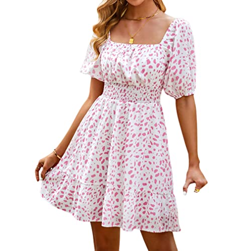 Qiyun.z Damen Sommer Boho Kleid mit eckigem Ausschnitt Blumendruck Rüschen Swing Strand kurzes Kleid rosa M von Qiyun.z