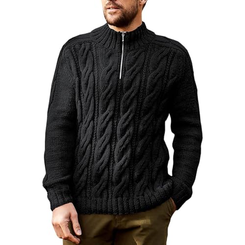 Qiyun.z Herren-Pullover mit Stehkragen, Zopfmuster, klobiger, Warmer Winterpullover mit Reißverschluss, Schwarz, 1 M von Qiyun.z