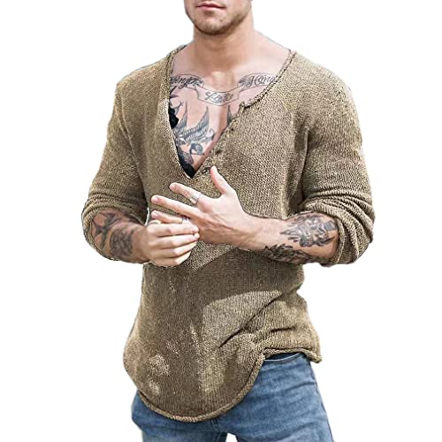 Qiyun.z Herren Strickpullover mit V-Ausschnitt, leicht, stilvoller Pullover, Khaki, L von Qiyun.z