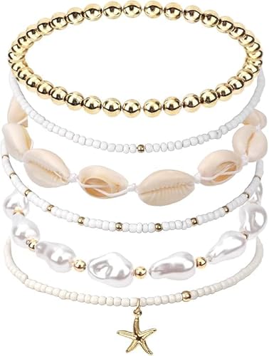 Qiyuting 6 Sommer Strand Armbänder Stapelbar Muschel Seestern Bohemian Style Damen Elastisch Muschel Perlen Armband von Qiyuting