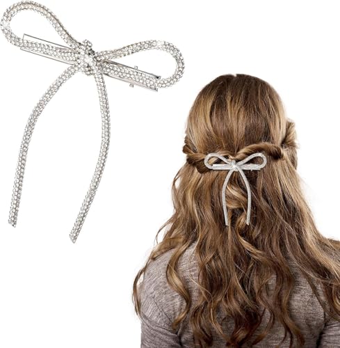 Qiyuting Silberne Schleife Kristall Haarspangen für Frauen Bowknot Strass Metall Haarnadel rutschfeste Entenschnabel Haarspangen Zubehör für dickes langes kurzes Haar von Qiyuting