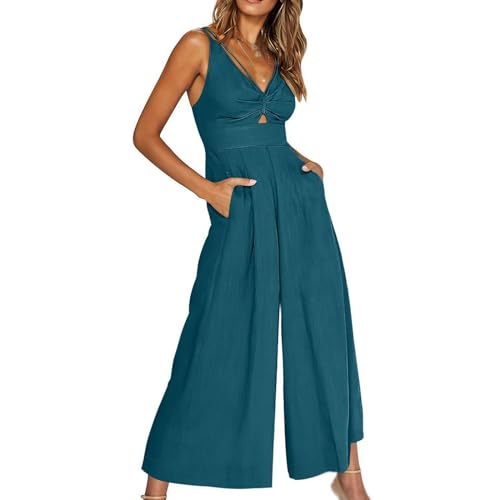 Jumpsuit mit V-Ausschnitt und weitem Bein und Taschen, Sommer, V-Ausschnitt, ärmellos, hohe Taille, sexy Jumpsuits für Damen, seeblau, 42 von Qizaitz