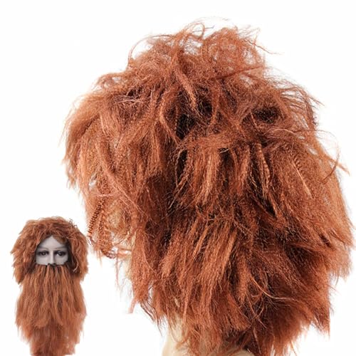 Primitives Perücken- Und Bart-Set, Mehrlagige Lockige Wikinger-Perücke, Künstlicher Zaubererbart, Kostüm-Accessoire Geeignet Für Halloween Und Weihnachts-Rollenspiel (Dunkelbraun) von Qizeroty