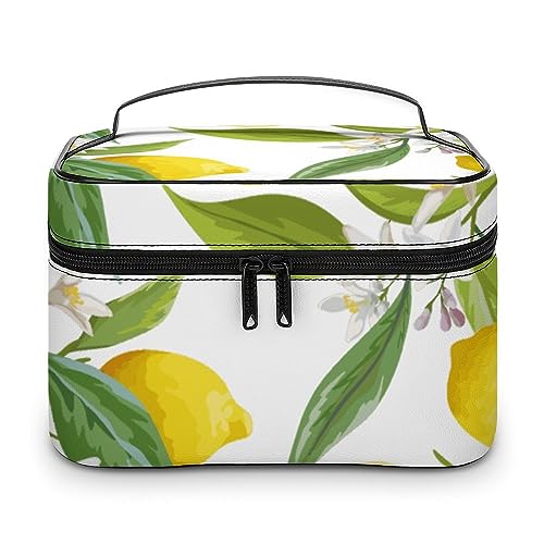 Qjjinxior Kosmetiktasche, Cartoon-Bananen-Make-up-Tasche, Leder, Reise-Kulturbeutel für Damen, Zitrone mit Blumen und Blättern, 25x18x15cm von Qjjinxior
