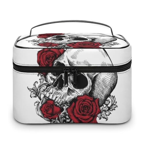 Qjjinxior Kosmetiktasche, Hamster-Make-up-Tasche, Leder, Reise-Kulturbeutel für Damen, Totenkopf mit Rosen, 25x18x15cm von Qjjinxior