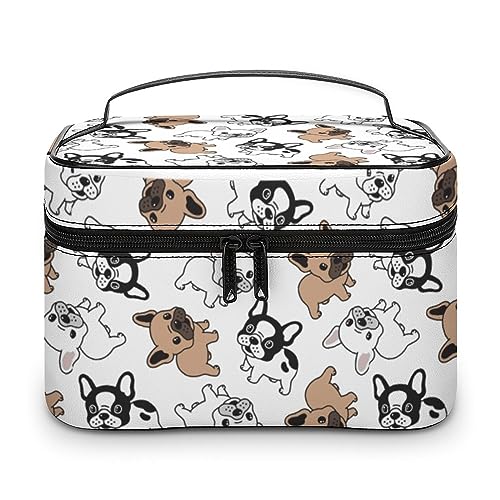 Qjjinxior Kosmetiktasche, Katzenmuster, Make-up-Tasche, Leder, Reise-Kulturbeutel für Damen, Französische Bulldogge, 25x18x15cm von Qjjinxior