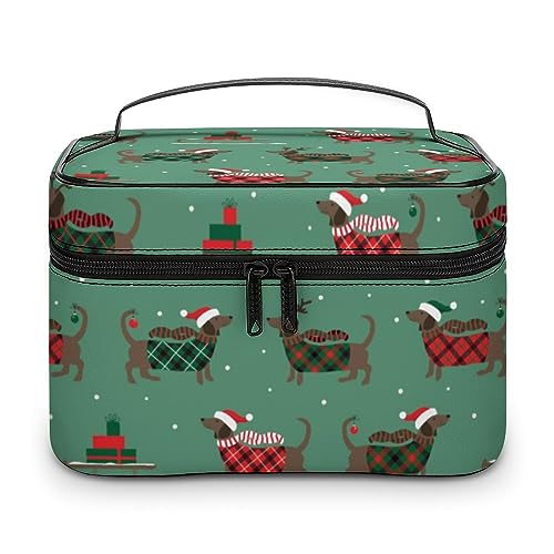 Qjjinxior Kosmetiktasche, Leuchtturm-Make-up-Tasche, Leder, Reise-Kulturbeutel für Damen, Weihnachtlicher Dackel-Hund, 25x18x15cm von Qjjinxior