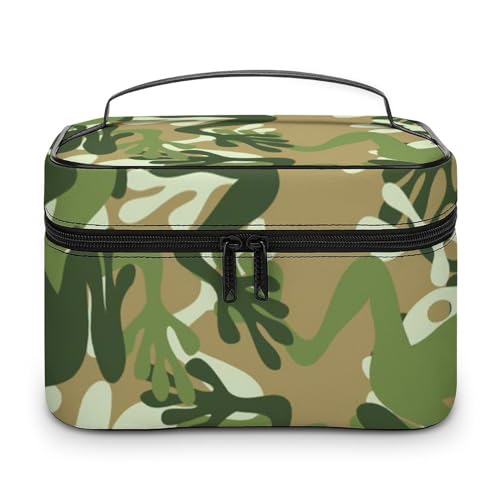 Qjjinxior Kosmetiktasche, brauner Wolfskopf, Make-up-Tasche, Leder, Reise-Kulturbeutel für Damen, Frosch Camouflage, 25x18x15cm von Qjjinxior