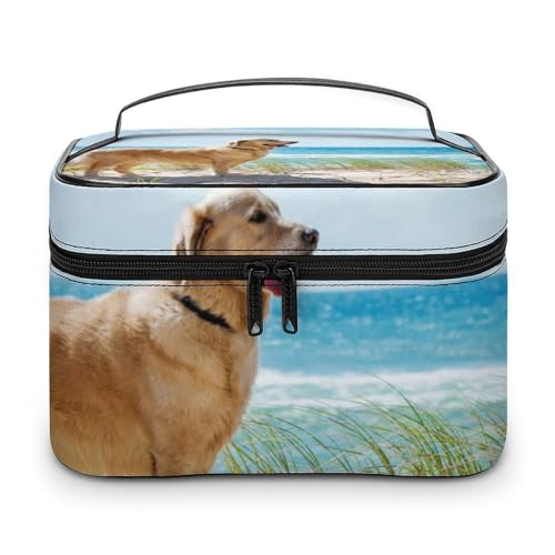Qjjinxior Kosmetiktasche, grünes Camouflage-Make-up-Tasche, Leder, Reise-Kulturbeutel für Damen, Golden Retriever, 25x18x15cm von Qjjinxior