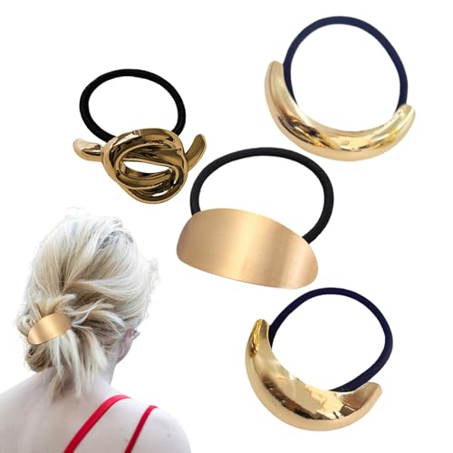 Qkbuza Halter für Haarklammern aus Metall, 4 x Haargummis aus Metall – 4 x geometrische Haargummis, modisch, goldfarben, Wickelband, dekorativer Pferdeschwanz-Halter für Frauen von Qkbuza