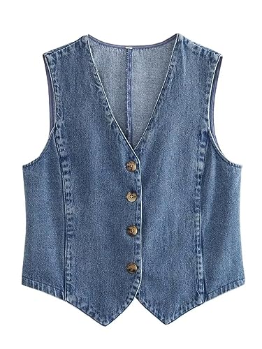 Qkiome Damen Denim Weste Ärmellos V-Ausschnitt Cropped Tank Tops Button Up Jeans Vintage Crop Jacken Streetwear, blau, 36 von Qkiome