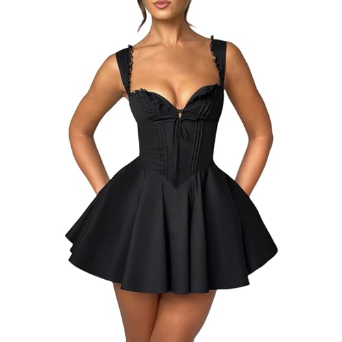 Qkiome Damen Mini Korsett Kleid A-Linie Tiefer V-Ausschnitt Rückenfrei Rüschensaum Ärmelloses Kleid für Party Club, Schwarz , S von Qkiome