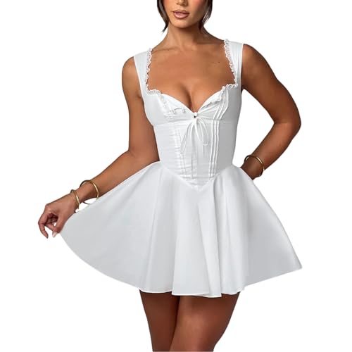 Qkiome Damen Mini Korsett Kleid A-Linie Tiefer V-Ausschnitt Rückenfrei Rüschensaum Ärmelloses Kleid für Party Club, weiß, S von Qkiome