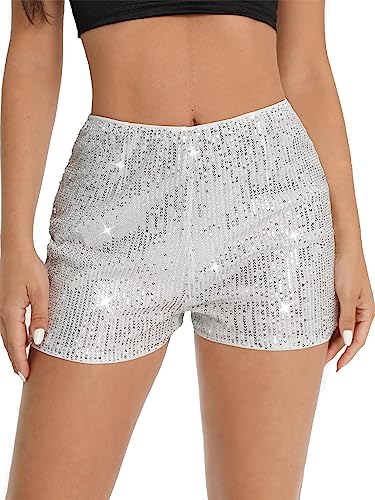 Qkiome Damen Pailletten Shorts Elastische Mid Waist Straight Leg Band Sparkly Shorts Glitzer Hot Pants Party Streetwear, weiß, S Qkiome Damen Pailletten Shorts Elastische Mid Waist Straight Leg Band Sparkly Shorts Glitzer Hot Pants Party Streetwear, weiß, S von Qkiome