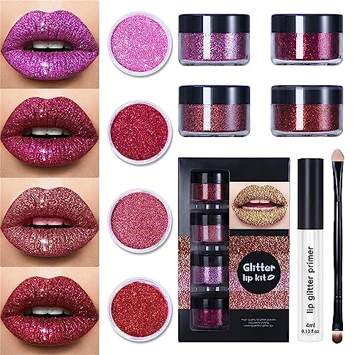 4 Colors Glitter Lip Kit Gloss, Shiny Diamond and Metallic Lip Glitter Makeup Lipstick Lip Gloss, Glitter Lips Makeup with Lip Primer and Brush. (A) von Qklovni