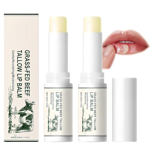 Beef Tallow Lip Balm, Organic Grass Fed Beef Tallow, Natural Beef Tallow Moisturizing Tallow Lip Balm with Beeswax, Nourishing&Soothing. (2pcs) von Qklovni