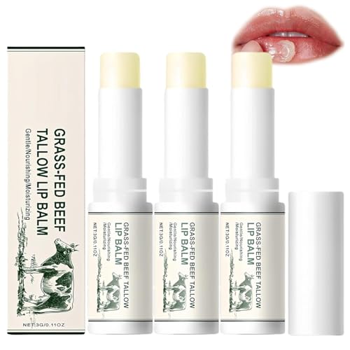 Beef Tallow Lip Balm, Organic Grass Fed Beef Tallow, Natural Beef Tallow Moisturizing Tallow Lip Balm with Beeswax, Nourishing&Soothing. (3pcs) von Qklovni
