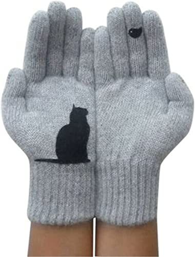 Damen Vollfinger Winter Outdoor Thermo Fäustling Handschuh Katze Vogel Druck Handschuhe Niedlich Rosa Einfach Fäustling Cartoon Katze Niedlich Strickhandschuhe für Männer Frauen, grau, One size von Qklovni