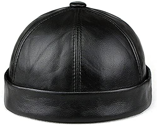 Genuine Leather Skullcap, Sailor Cap Hat Beanie Rolled Cuff Retro Brimless Genuine Leather Beanie Hat, Unisex von Qklovni