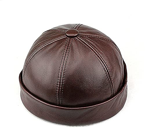 Genuine Leather Skullcap, Sailor Cap Hat Beanie Rolled Cuff Retro Brimless Genuine Leather Beanie Hat, Unisex von Qklovni