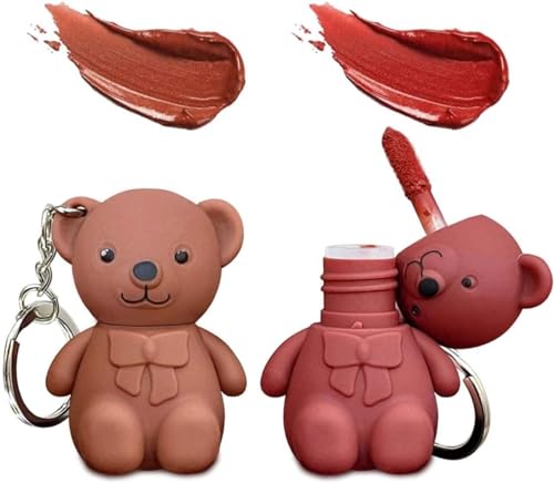 Keychain Bear Lipsticks, 2 in 1 Bear Keychain Velvet Matte Lipstick Lip Mud Set, Waterproof Long Lasting No-Budge Clay Lip Mud Lip gloss Moisturizing (01+02) von Qklovni