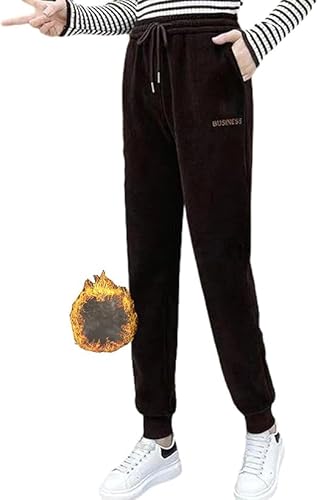 Qklovni Frauen Warme Plüsch Cord Jogger Hosen Doppelschicht Dicke Kaschmir Hohe Taille Casual Baumwolle Hosen, Dark Coffee-l, One size von Qklovni