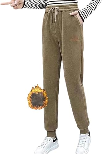 Qklovni Frauen Warme Plüsch Cord Jogger Hosen Doppelschicht Dicke Kaschmir Hohe Taille Casual Baumwolle Hosen, khaki-xl, One size von Qklovni